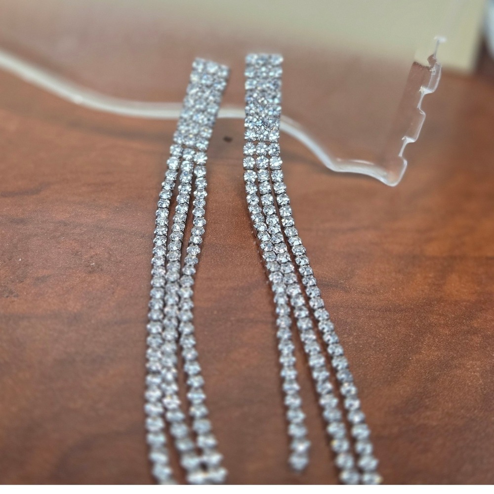 Silver Tone Rhinestone Triple Strand Clip On Long Dangle Drop Earrings